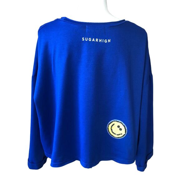SugarHigh Clothing Blue crop sweatshirt with yellow smiley faces - Picture 3 of 6